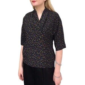 80s Silk Black Dot Top Chaus Print Blouse S M